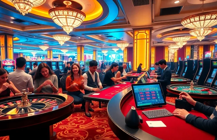 SODO Casino floor bustling with players at roulette and poker tables, showcasing excitement in gaming.