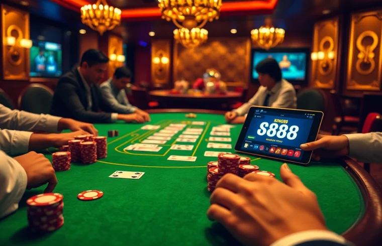 Exciting poker game scene with King88 branding, vibrant chips, and luxury atmosphere.