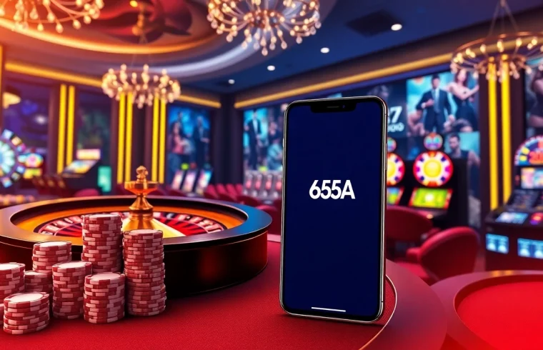 Players engaging with the dynamic online platform of 65A, surrounded by luxury casino elements.