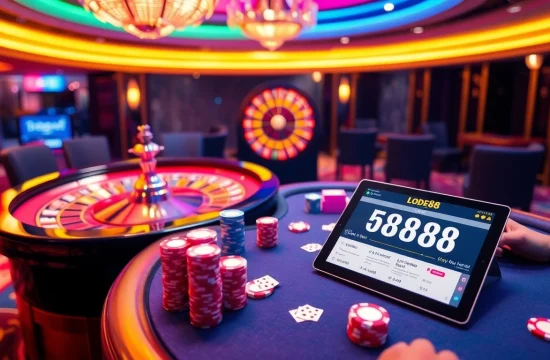 Engaged players enjoying a high-stakes poker game in a luxurious casino environment with lode88 elements.