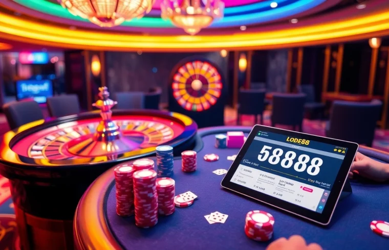 Engaged players enjoying a high-stakes poker game in a luxurious casino environment with lode88 elements.