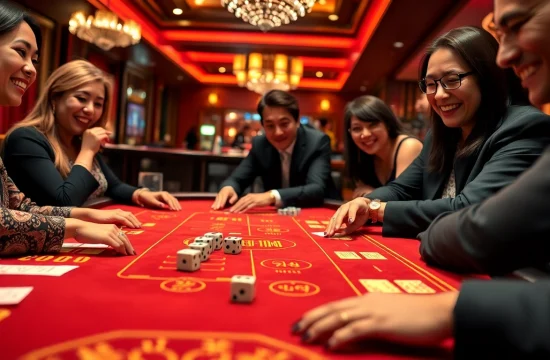 Excited players place bets at the vibrant tài xỉu sunwin table in a luxurious casino setting.