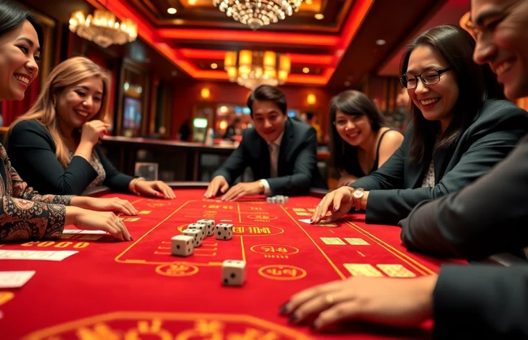 Excited players place bets at the vibrant tài xỉu sunwin table in a luxurious casino setting.