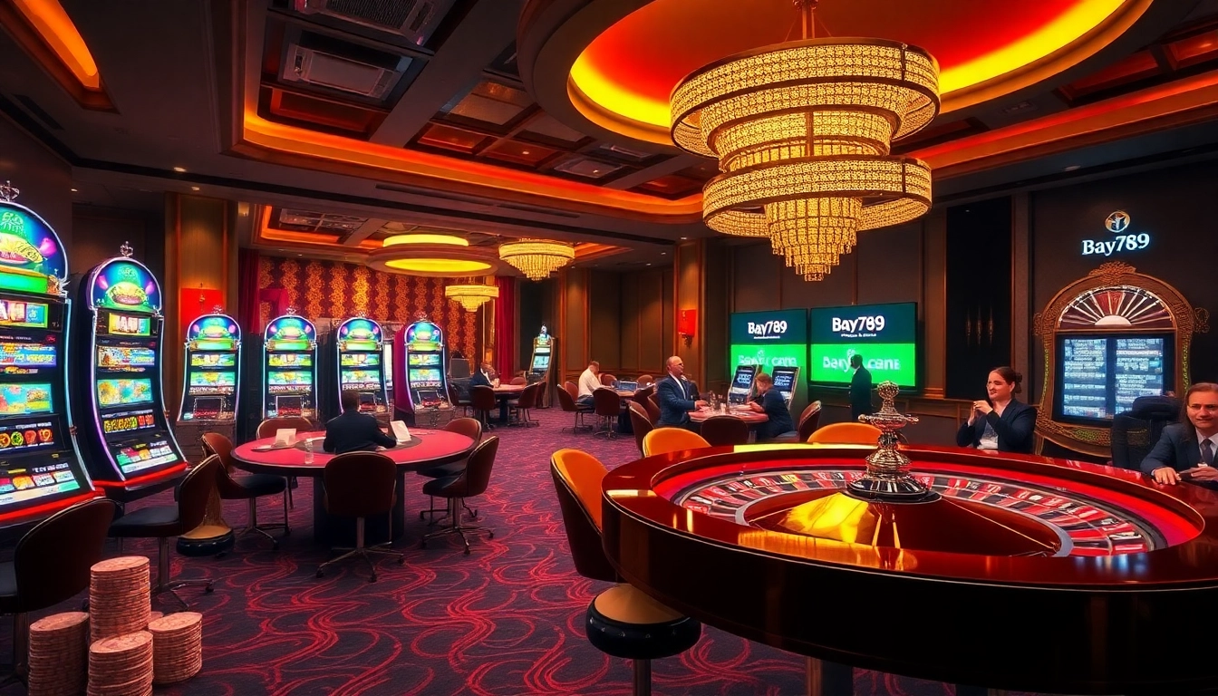 Players enjoying a thrilling game at Bay789 casino with vibrant slots and poker tables.