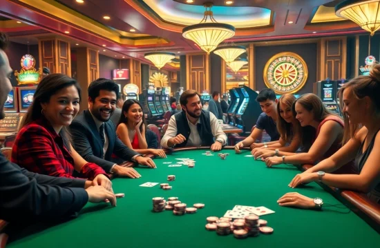 Players experiencing the excitement of Bay789 at a vibrant casino poker table.