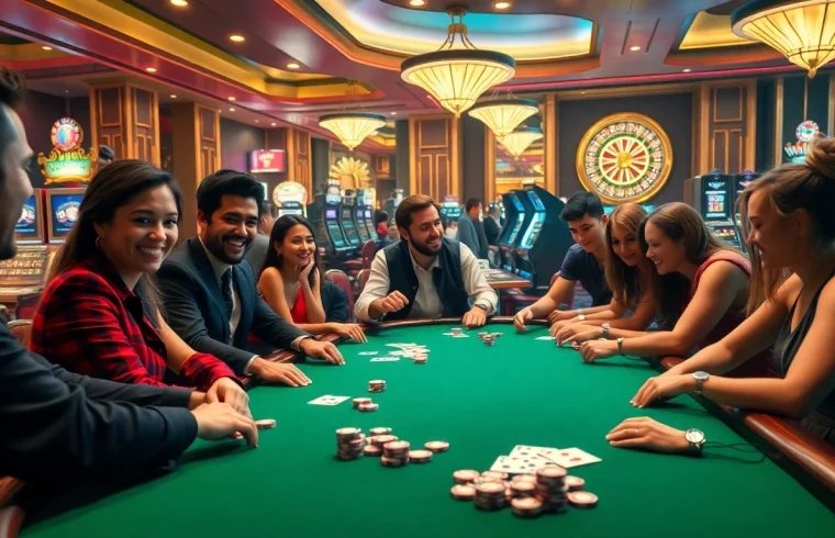 Players experiencing the excitement of Bay789 at a vibrant casino poker table.