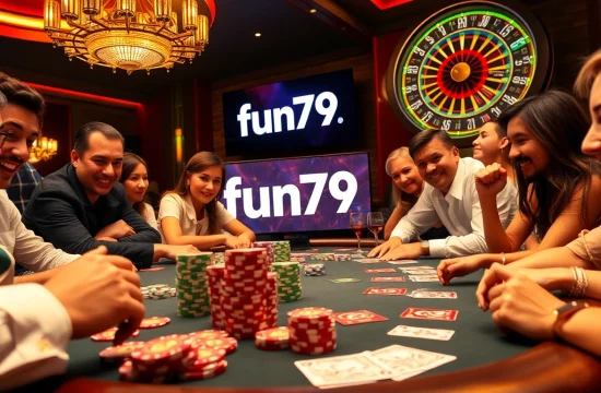 Players enjoying a high-stakes game at fun79 casino table, showcasing poker chips and cards.