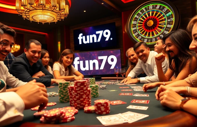 Players enjoying a high-stakes game at fun79 casino table, showcasing poker chips and cards.