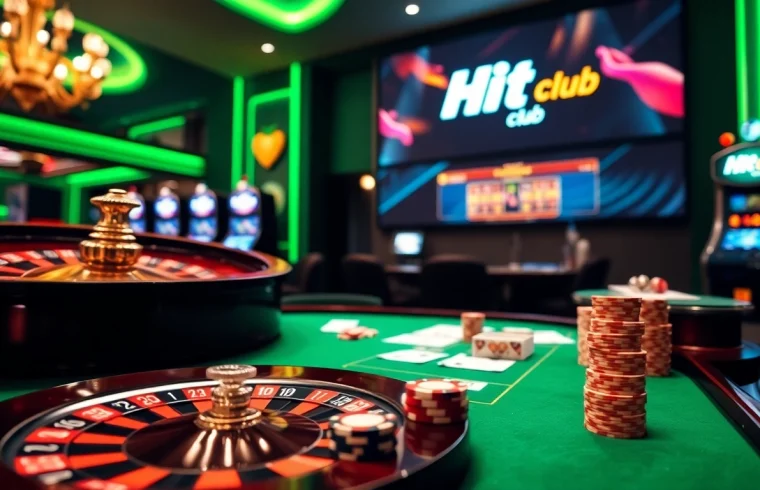 Experience the excitement of Hit club at our high-stakes casino tables filled with vibrant poker chips.