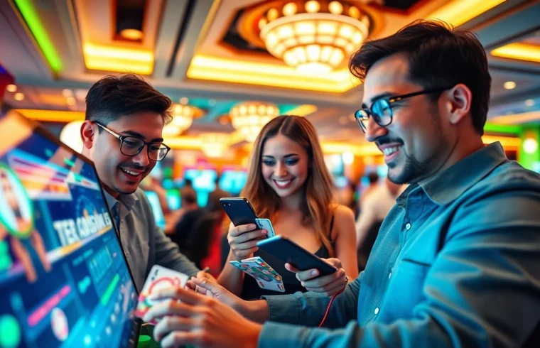 Engaged users enjoying a lively online gambling experience at tk88win.live, surrounded by vibrant casino elements.