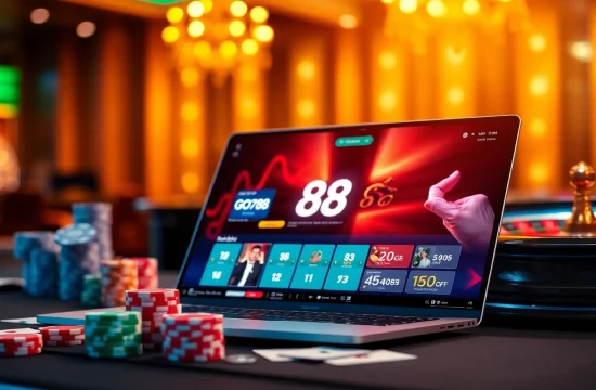 Engaging scene showcasing a go88 online gambling experience with casino elements like poker chips and roulette.