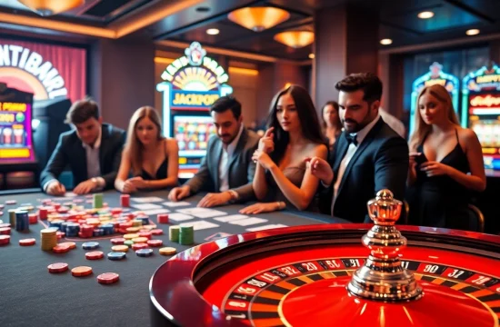 Players engaging in thrilling casino games at bong88.casa, with vibrant chips and dazzling roulette.