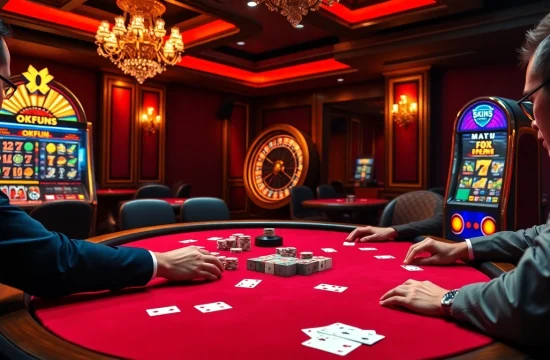 Experience OKFUN at a luxurious casino table featuring intense poker action.