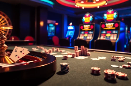 Experience thrilling gameplay at i9bet's luxurious casino with vibrant slot machines and poker tables.