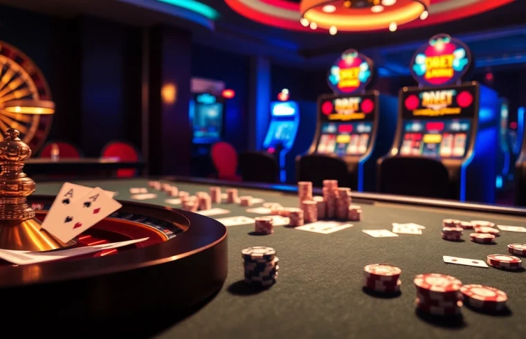 Experience thrilling gameplay at i9bet's luxurious casino with vibrant slot machines and poker tables.