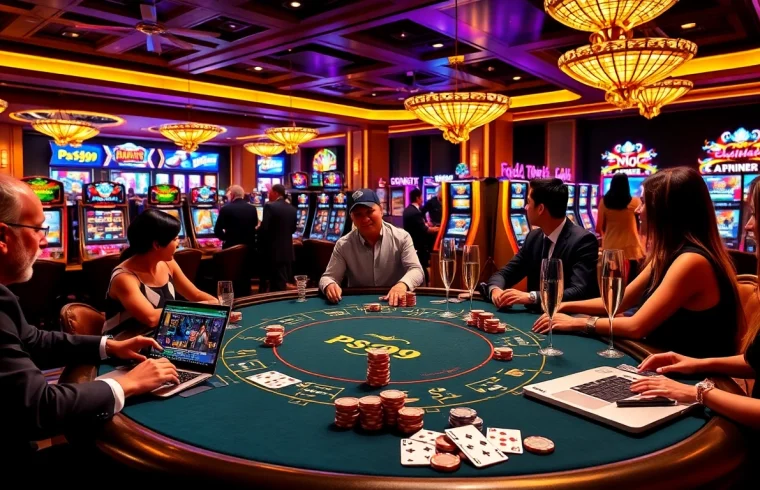 PS99 gamblers enjoying a thrilling poker game at a luxurious casino table.