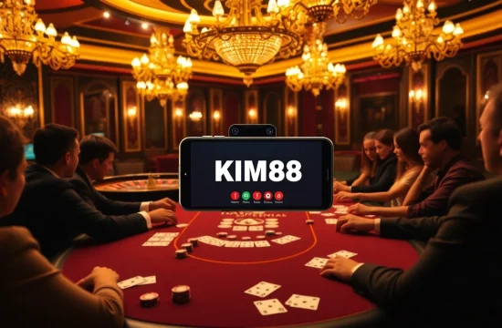 Action-packed poker game at KIM88 casino with vibrant decor and mobile betting interface.