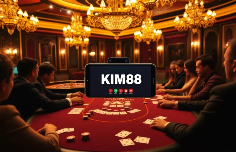 Action-packed poker game at KIM88 casino with vibrant decor and mobile betting interface.
