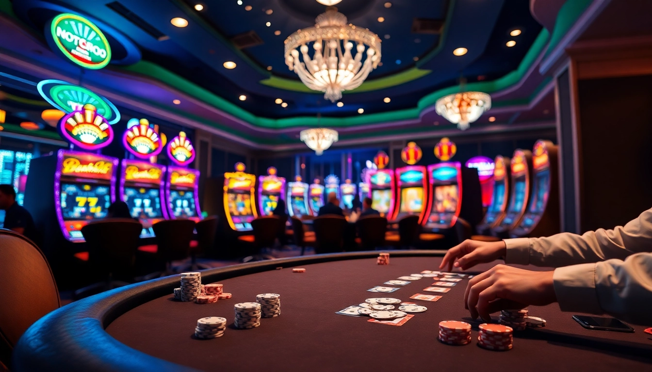Nohu90 gaming session with intense poker action and vibrant slot machines.