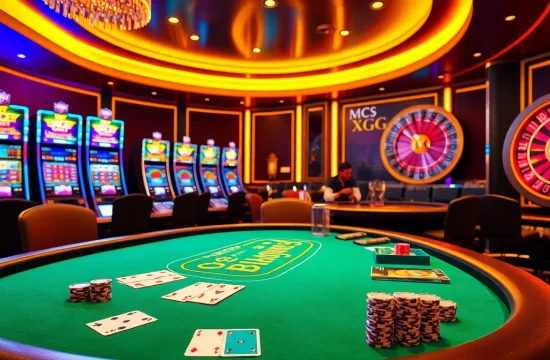 Casino excitement at XXGG with luxurious gaming tables, cards, and roulette wheels.