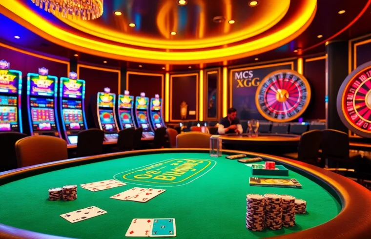 Casino excitement at XXGG with luxurious gaming tables, cards, and roulette wheels.