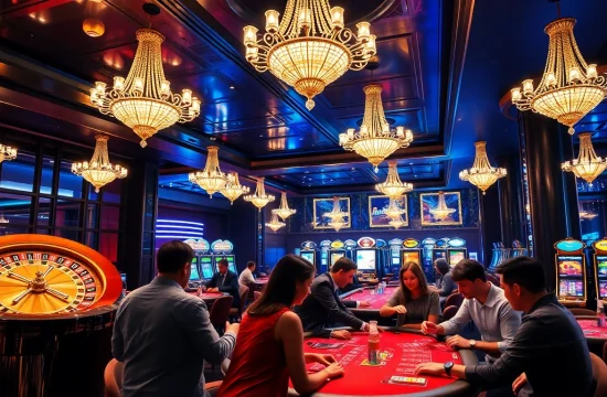 Players enjoying an exciting casino atmosphere at MB66 with roulette wheel and poker tables.