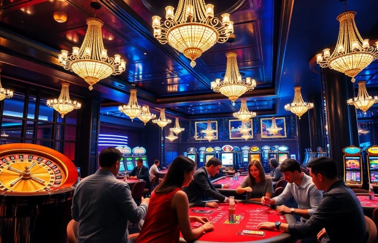 Players enjoying an exciting casino atmosphere at MB66 with roulette wheel and poker tables.