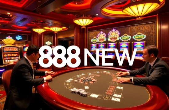 Players enjoy an exciting poker game at 888NEW's luxurious casino table, surrounded by vibrant chips and cards.