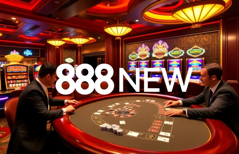 Players enjoy an exciting poker game at 888NEW's luxurious casino table, surrounded by vibrant chips and cards.