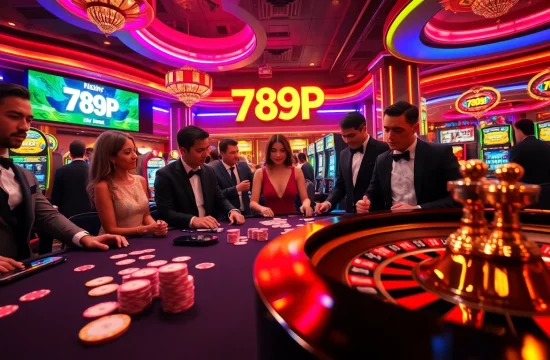 Excited players engaging in high-stakes gambling at 789P casino with vibrant poker tables and neon lights.