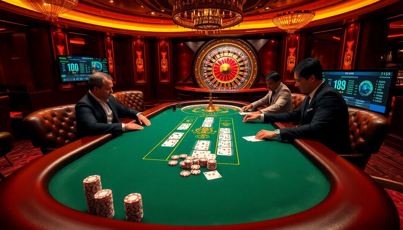 Players enjoying a thrilling poker game at the NK88 casino with vibrant chips and cards.