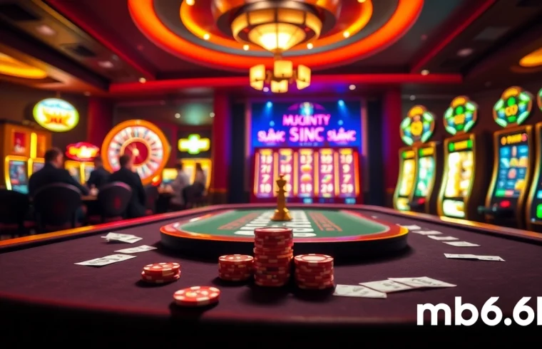 Exciting casino scene showcasing poker action at mb66.ski with vibrant tables and roulette.