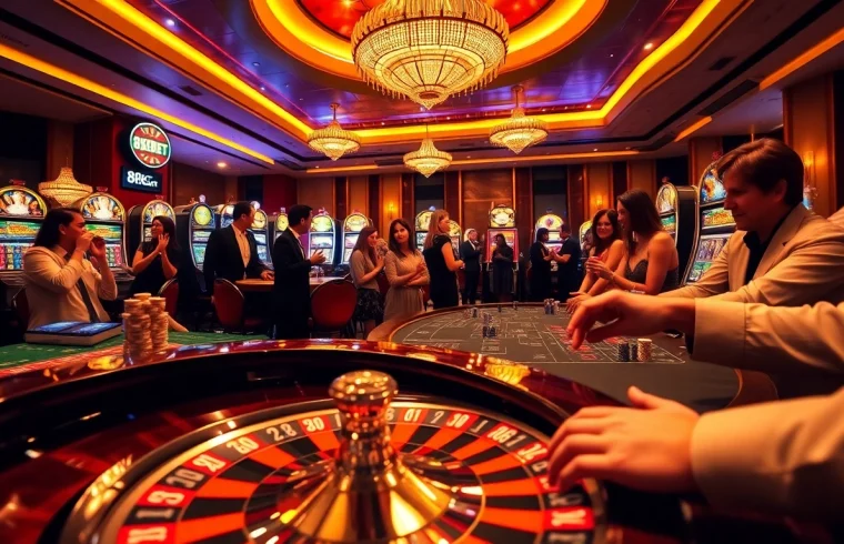 Experience the excitement of 8KBET with vibrant casino gameplay, showcasing roulette and poker action.