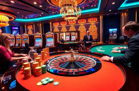A thrilling gambling scene at roulette tables showcasing the energy of https://nk88net.com/ with chips and cards.