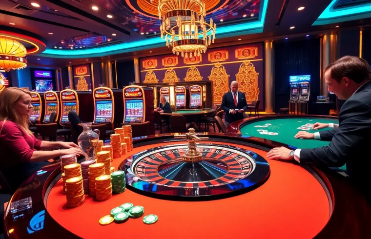 A thrilling gambling scene at roulette tables showcasing the energy of https://nk88net.com/ with chips and cards.