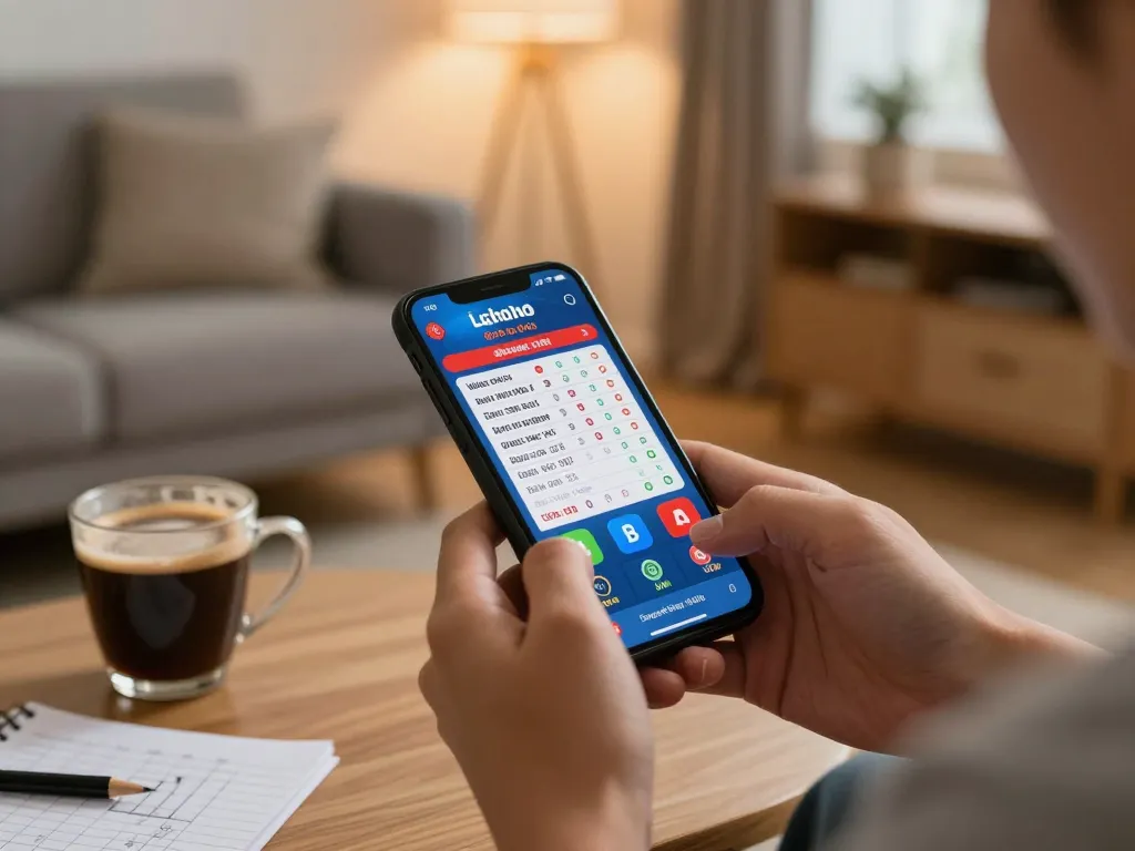 Engaging in Lô Đề Uy Tín mobile gaming with lottery results displayed on smartphone in a cozy living room