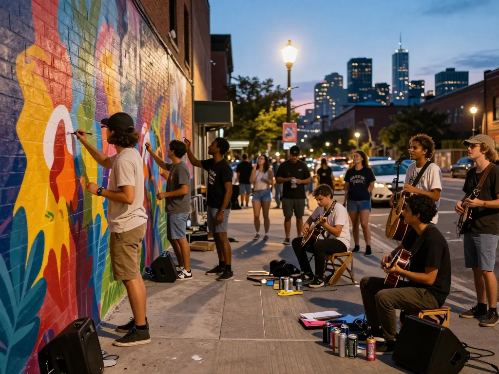 Vibrant street art scene showcasing diverse artists at 8Day festival.