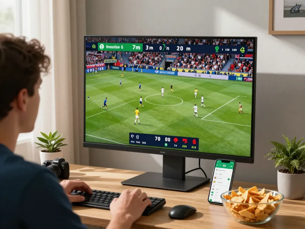 Fans excitedly following 7m soccer scores on digital devices during a match.