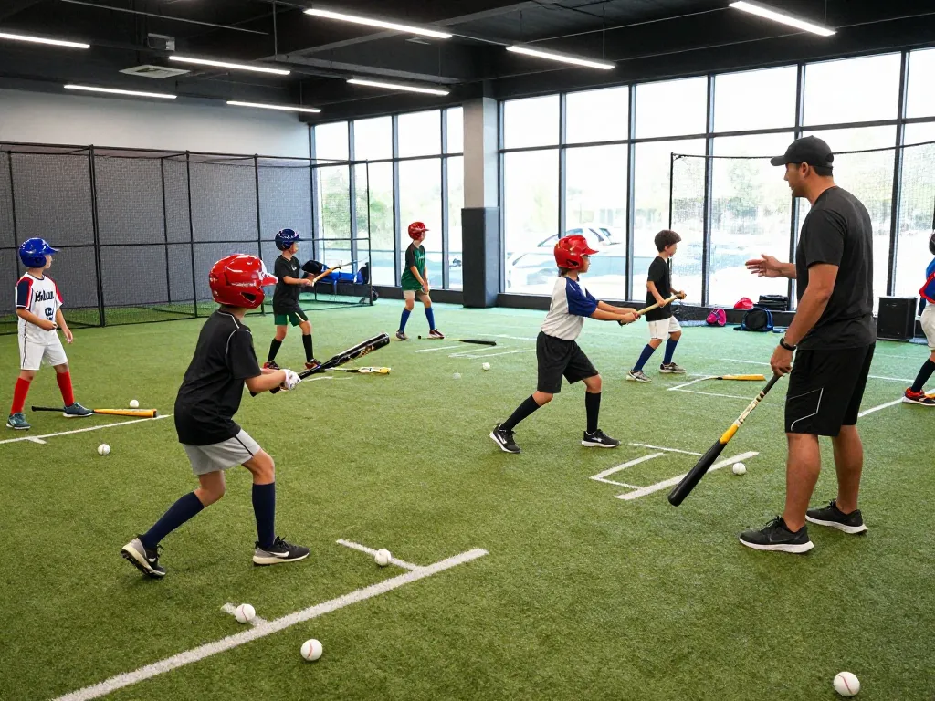 Hitclub athletes training in vibrant indoor baseball facility.