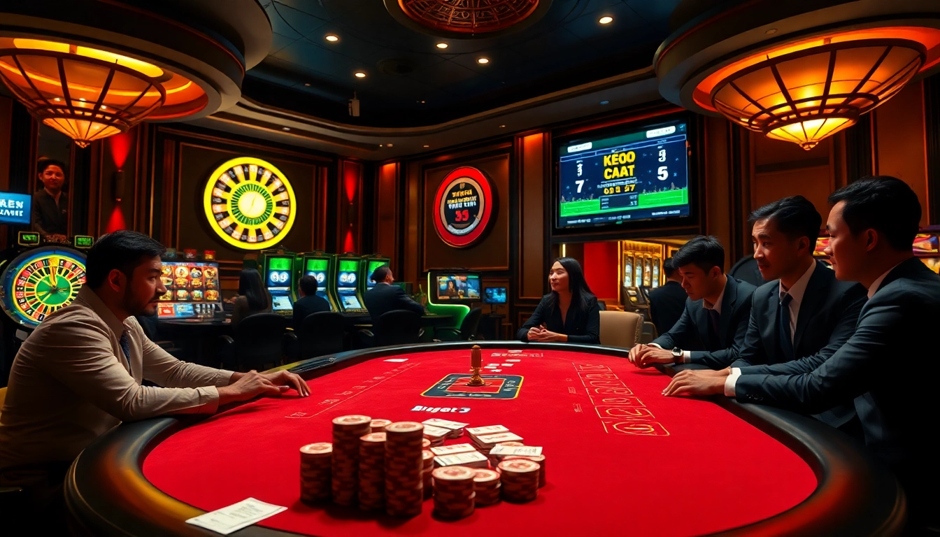 Kèo nhà cái 5 showcased in a vibrant casino scene with poker tables, roulette, and exciting gambling action.