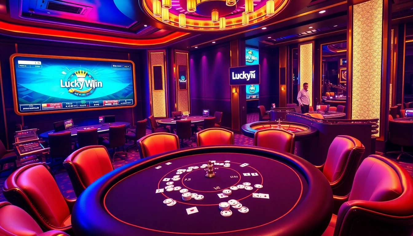 Experience thrilling gameplay at LuckyWin casino with vibrant poker tables and spinning roulette wheels.