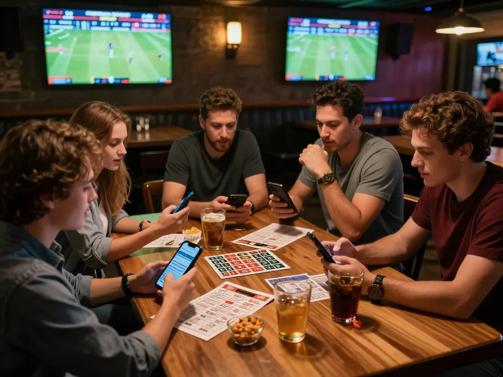 Friends engaging in sports betting strategies at a lively bar, showcasing nhà cái uy tín for thrilling experiences.