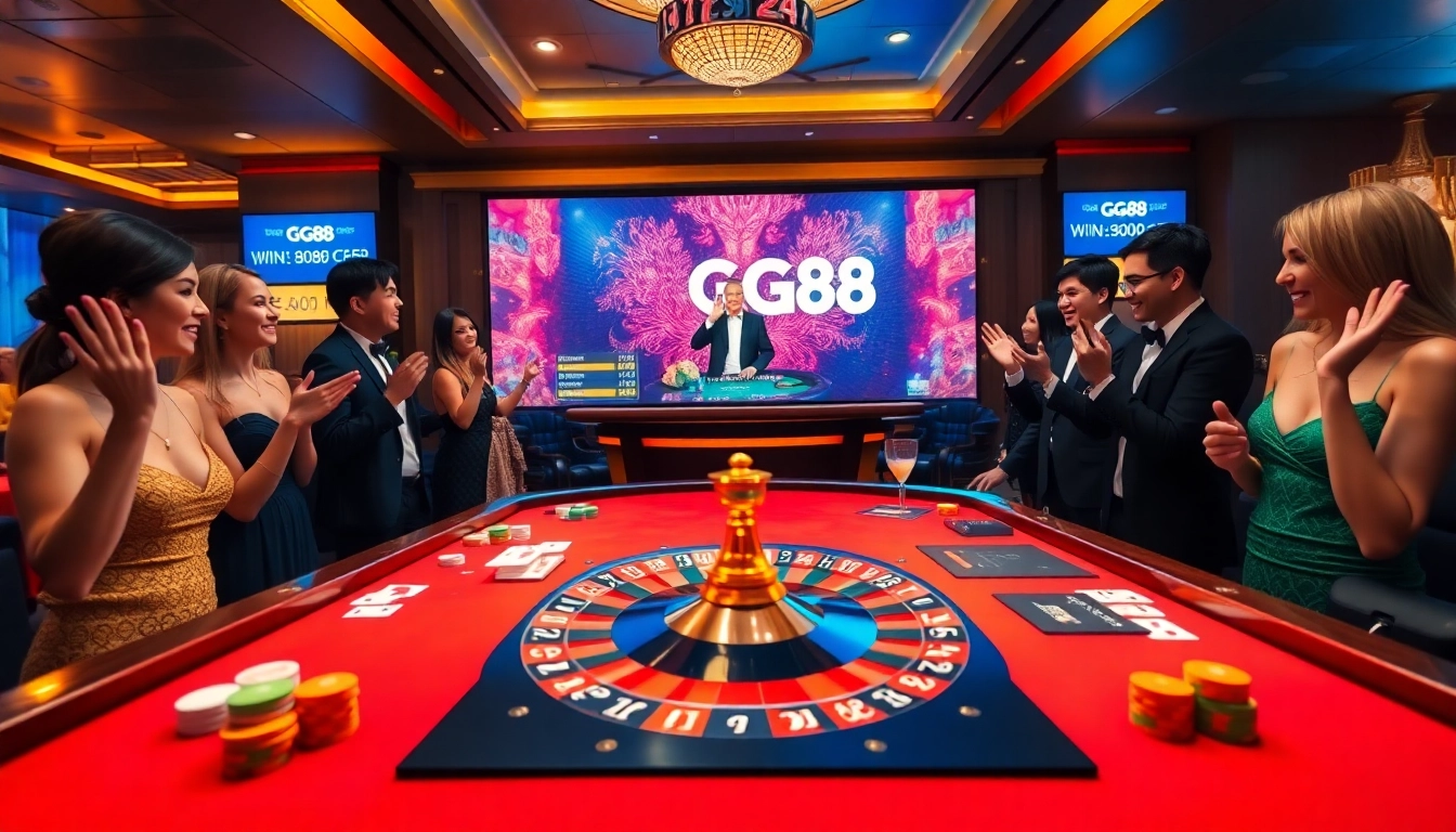 Players engaging excitedly at the GG88 gaming table, filled with colorful poker chips and cards.