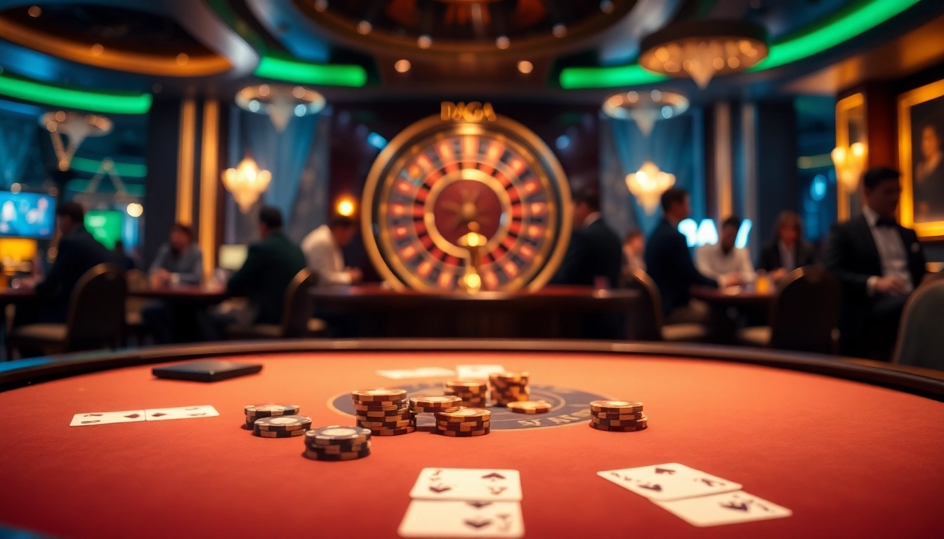 Daga-themed elegant casino table showcasing high-stakes poker chips and cards in play.