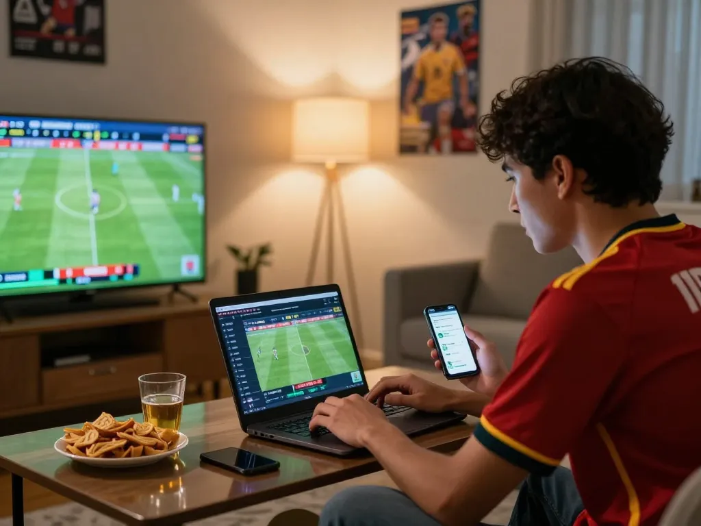 Engaged sports bettor analyzing keonhacai odds during live football match.