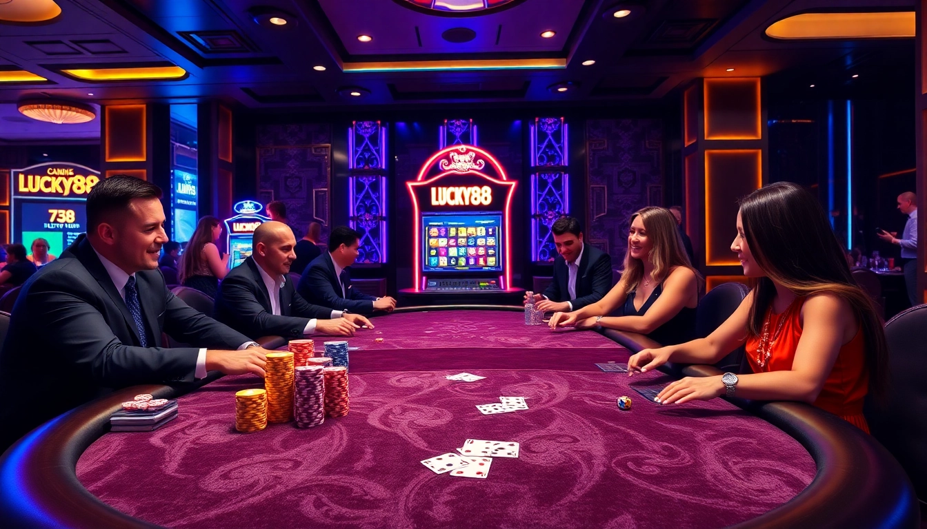 Excited players at Lucky88 casino table with colorful chips and luxury atmosphere.