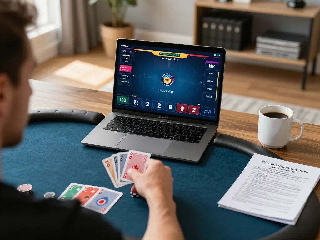 Engaging in online poker gameplay at https://nk88.actor/ with strategy notes and a warm home office atmosphere.