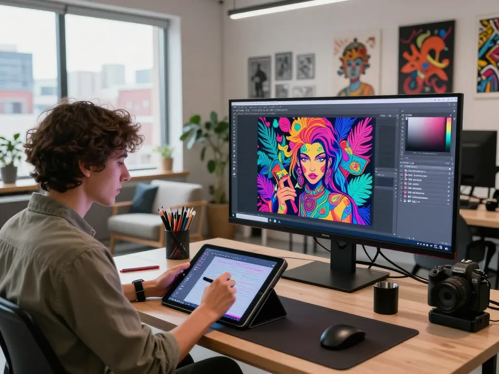 Artist creating AI porn illustrations in a vibrant art studio