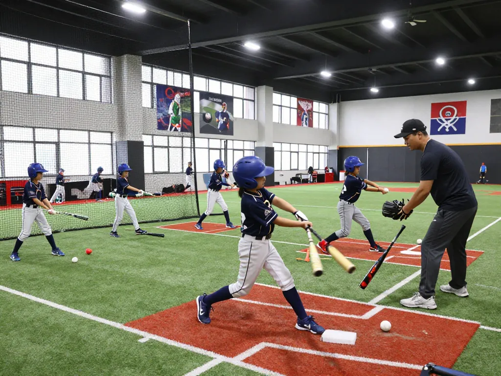 Hitclub baseball training scene with young athletes practicing batting techniques in a bright facility.