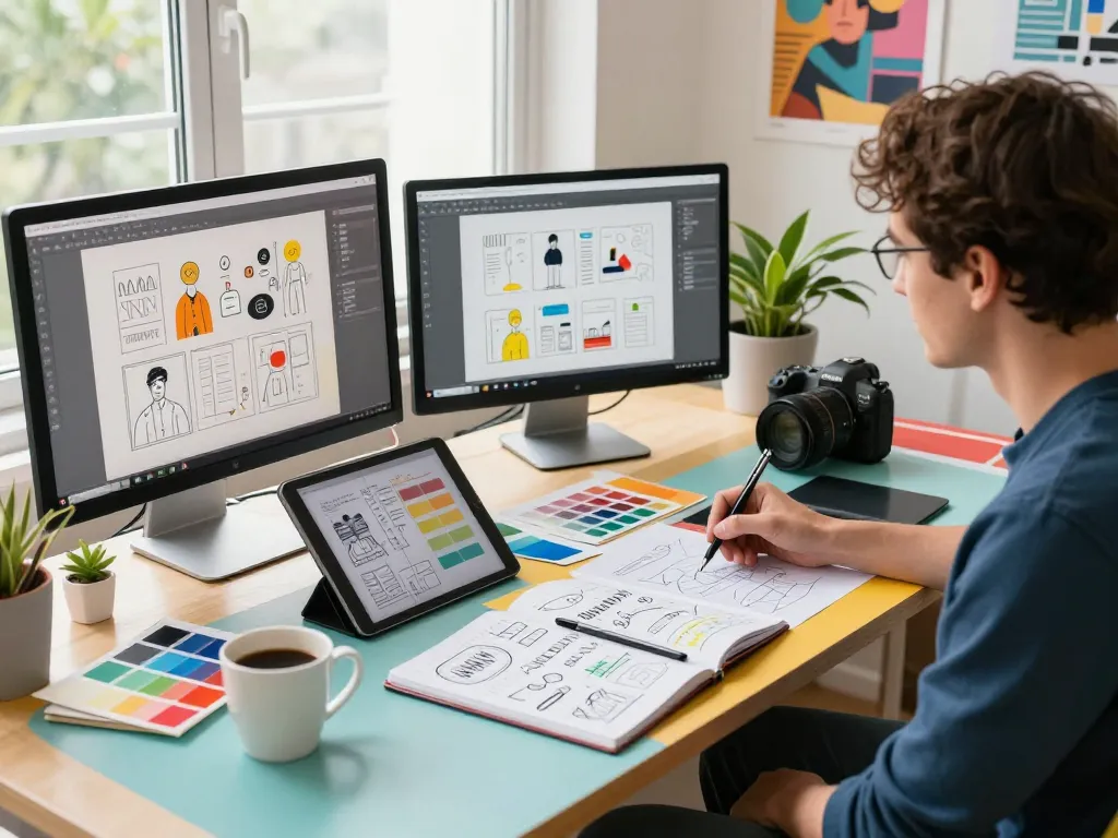 Designer working at a creative space showcasing tr886.org with sketches, vibrant screens, and collaborative tools.